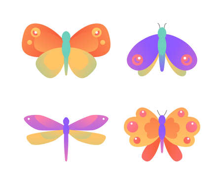 Vector illustration of colorful spring butterflies and insects. Geometric gradient butterfly, moth and dragonfly. Summer vibrant design. For branding, nursery, textile design element.のイラスト素材