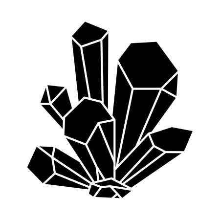Quartz crystal isolated on white background. Black silhouette crystal cluster icon, mineral, diamond. Geometric design elementのイラスト素材