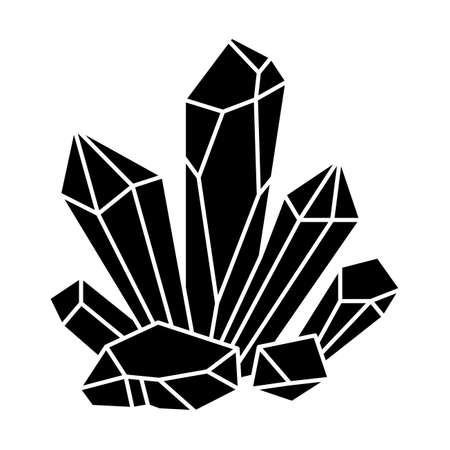 Quartz crystal isolated on white background. Black silhouette crystal cluster icon, mineral, diamond. Geometric design elementのイラスト素材