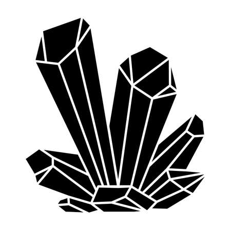 Quartz crystal isolated on white background. Black silhouette crystal cluster icon, mineral, diamond. Geometric design elementのイラスト素材