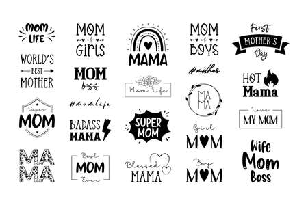 Mother's Day collection. Mom life quotes set, typography design for t-shirt, card, mug or poster. Vector illustration isolated on white.のイラスト素材