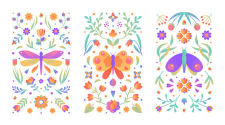 Vector illustration floral cards cover collection. Flowers, butterflies and leaves in rectangular arrangement. For greeting cards, weddings, stationery, invitations, scrapbooking. Natural designのイラスト素材