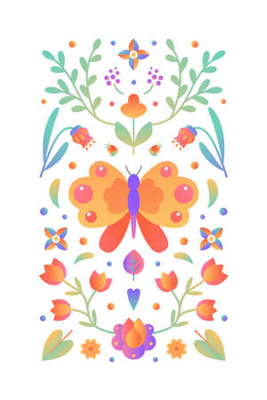 Vector illustration floral card cover. Flowers, butterfly and leaves in rectangular arrangement. For greeting cards, weddings, stationery, invitations, scrapbooking. Natural designのイラスト素材