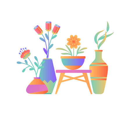 Urban gardening print or card. Set of gradient geometric flower pots. Flat home plants. Botany illustration. Urban jungle. Spring time. Natural trendy home decorのイラスト素材