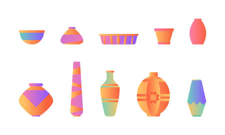 Ceramic vases collection. Vivid ceramics vase objects, antique pottery for flowers with abstract patterns isolated on white vector illustrationのイラスト素材