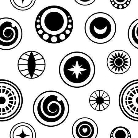 Evil eyes seamless pattern. Geometric various talismans, protection. Flat design monochrome contemporary modern trendy vector. For mystic wrapping paper, fabric, greeting card, Halloweenのイラスト素材