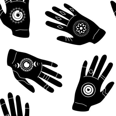 Ethnic seamless pattern with hands. Boho tribal elements. Mystic black witch hands vector background. Hand drawn ornaments on palms. Palmistry and esoteric concept.のイラスト素材