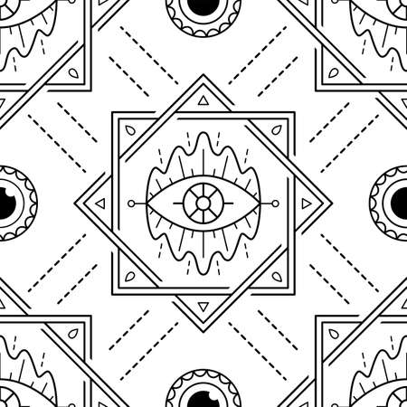Evil eyes geometric seamless pattern. Line art talismans, protection. Flat design monochrome...