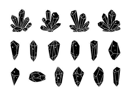 Black and white celestial crystals silhouette collection. Gemstones with moon and stars. Trendy witchcraft symbol vector illustration. Mystical t shirt print, boho poster, card.のイラスト素材