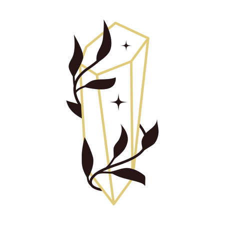 Gold line mystic crystal with leaves and stars. Pressures gemstone with botanical floral decor. Boho linear vector isolated on white background.のイラスト素材