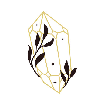 Gold line mystic crystal with leaves and stars. Pressures gemstone with botanical floral decor. Boho linear vector isolated on white background.のイラスト素材