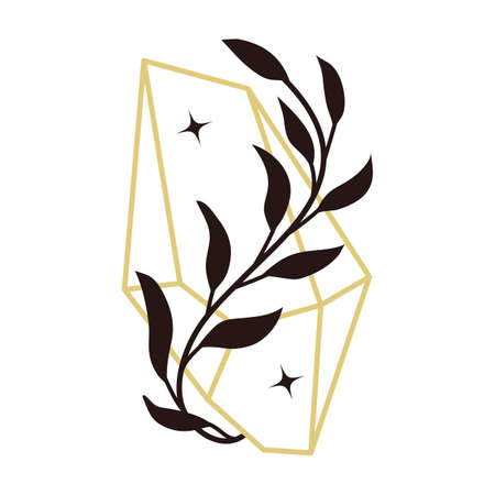 Gold line mystic crystal with leaves and stars. Pressures gemstone with botanical floral decor. Boho linear vector isolated on white background.のイラスト素材