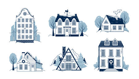 Collection of line art winter houses isolated on white background. Christmas holiday season. European city building with nature landscape. Flat linear vector illustration. Real estateのイラスト素材