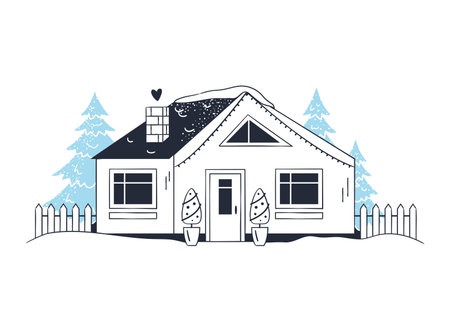 Snowy scene with winter home with smoking chimney on rural background. Cabin in the woods. Cozy cottage on countryside area by wintertime. Cartoon snow capped house landscape banner.のイラスト素材