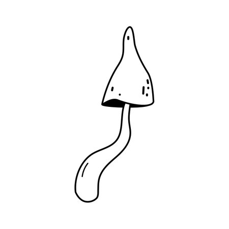 Doodle long stem mushroom icon. Hand drawn sketch linear vector illustration. Black fungus, line art forest plant isolated on white background.のイラスト素材