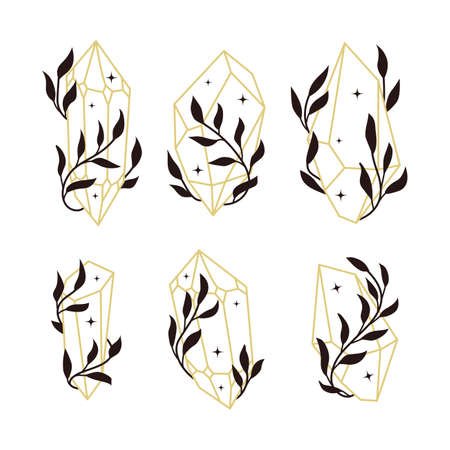 Collection of gold line mystic crystals with leaves and stars. Pressures gemstone set with botanical floral decor. Boho linear vector isolated on white background.のイラスト素材