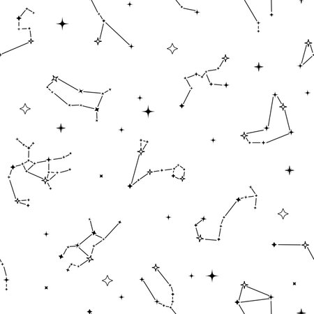 Celestic seamless pattern constellations and stars on white background. Magic zodiac texture. Mystical esoteric boho background for fabric, astrology, wrapping paper. Vector illustrationの写真素材