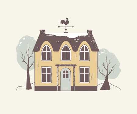 Retro Christmas snowy house outside interior with winter landscape and trees. Vector vintage building illustration hand drawn cartoon flat style for New Year holday greetingのイラスト素材