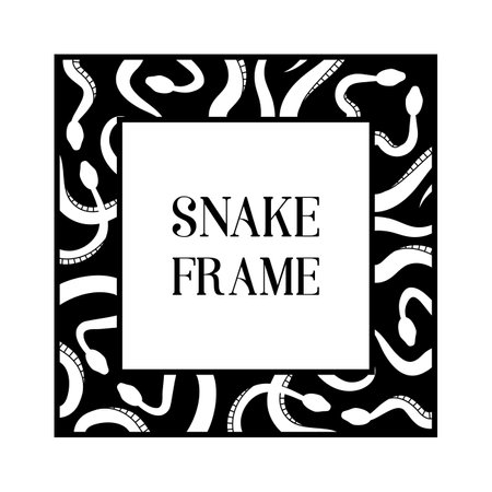 Monochrome square snake frame. Mystic snake and moon in rectangular frame. Decorative design element for t-shirt, notebook cover, card. Ornament, mysterious vector illustration.のイラスト素材