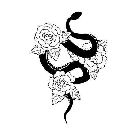 Floral snake. Black serpent with rose flowers. Mystic animal tattoo or print, witch mystical graphic element. Spiritual vector illustration. Halloween snake. Line art florals.のイラスト素材