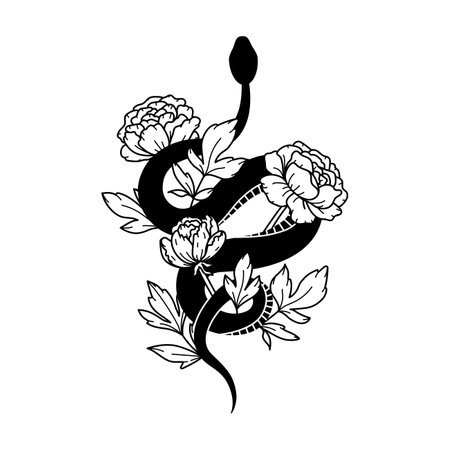 Floral snake. Black serpent with peony flowers and leaves. Mystic animal tattoo or print, witch mystical graphic element. Spiritual vector illustration. Halloween snake. Line art florals.のイラスト素材