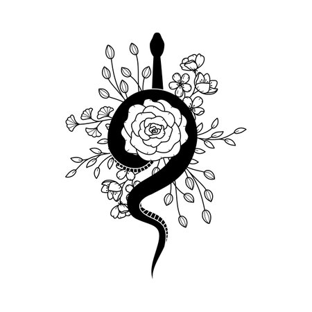 Floral snake. Black serpent with rose, flowers and leaves. Mystic animal tattoo or print, witch mystical graphic element. Spiritual vector illustration. Halloween snake. Line art florals.のイラスト素材