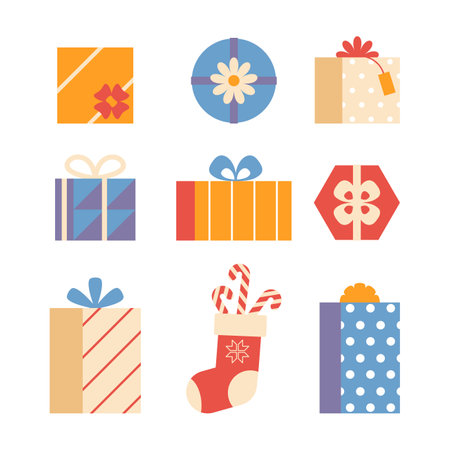 Christmas sock with candy and gift boxes set. Collection of boxes in wrapping paper with bows of different types. Celebrating holidays. vector illustration flat cartoon designのイラスト素材