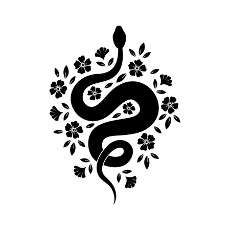 Abstract silhouette of wriggling snake and field of flowers and leaves. Hand drawn black tattoo vintage fashion vector wild animal reptile. Mystic wildlife doodle illustration with botanical elementsのイラスト素材