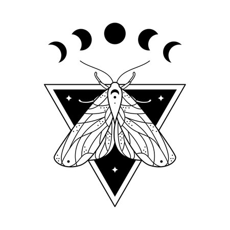 Celestial print with line moth and moon phases. Mystic insect print with triangle background for t-shirt, notebook cover, card, brand packaging. vector monochrome butterfly illustrationのイラスト素材