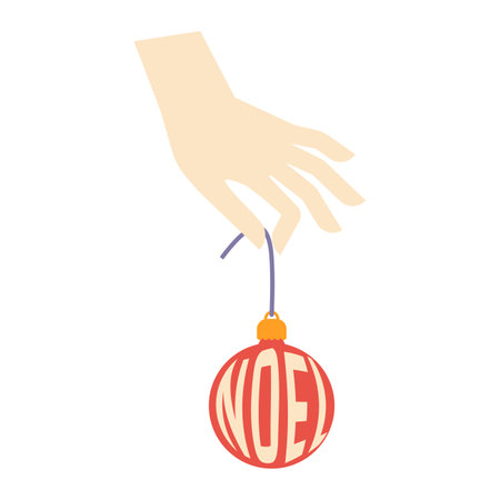 Flat vector illustration of human hand holding Christmas Ball isolated on white. Hand drawn palm with New Year toy, festive element with Noel text. Preparation for Christmas. Festive congratulations.のイラスト素材