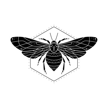 Vector illustration with hand drawn stylized bee and honeycomb element. Mystic wasp insect sign with geometric symbol. Mysterious nature print with . Black art tattoo design.のイラスト素材