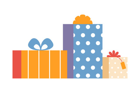 Vector flat illustration Christmas gift boxes. New Year holiday present boxes. Gifts pile with bright wrapping, silk ribbon bows. Vintage Xmas surprise element, winter sale, discounts design symbolのイラスト素材