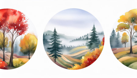Watercolor painting circles featuring vibrant fall forest trees with hills and colorful leaves, capturing the essence of autumn landscape. Isolated on white background.の素材