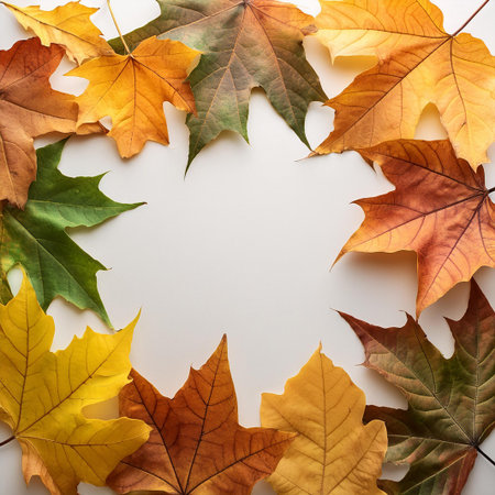 Autumn leaves arranged in border frame on white background and copy space, essence of fall. Autumn season. Beautiful nature. Seasonal decorationの素材