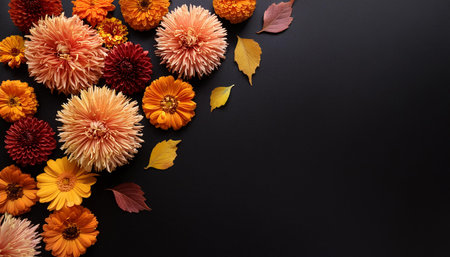 Colorful autumn flowers and leaves on black background. Fall season atmosphere. Blooming florals, home decoration. Beautiful nature top view. Banner with copy spaceの素材