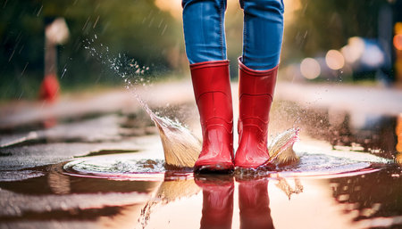 Human wearing red rain boots splashing in puddle on rainy day in urban street, water droplets, joy and fun. Warm wet autumn weather, rubber boots and entertainment outdoors.の素材