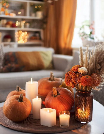Warm living room adorned with pumpkins, candles and autumnal decor. Cozy home interior design with furniture, comfortable space. Fall Thanksgivingの素材