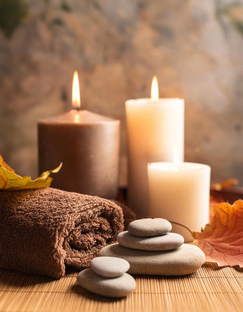 Cozy spa setting with candles, smooth stones, soft towels and autumn leaves on warm wooden surface. Relaxation and meditation. Wellness, body and healthcare.の素材