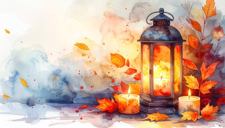 Autumn banner with lantern, warm candlelight, golden leaves and small candles. Watercolor with soft orange and yellow tones, welcoming seasonal atmosphere perfect for fall evenings.の素材