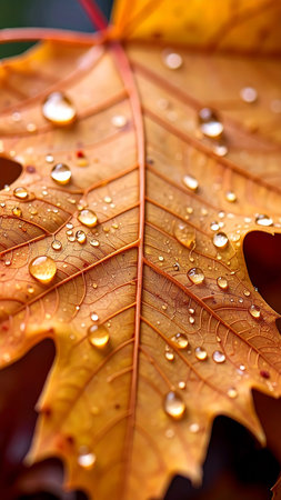 Autumn yellow oak leaf, macro. Water droplets on textured surface, detailed veins, deep golden color. Close-up of wet fall foliage, fresh seasonal background, vibrant nature detail.の素材