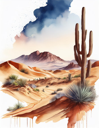 Majestic desert view in soft watercolor style. Natural tones, sand and sky, minimalistic and artistic composition, peaceful and atmospheric landscape.の素材