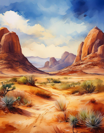 Handpainted desert landscape in watercolor. Textured sand, distant hills, bright sky. Minimalist natural scenery, warm tones, elegant and dreamy feel.の素材