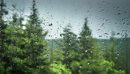 Raindrops and streaks on window glass, view through to pine forest, green foliage, tranquil summer nature, weather, melancholy, peacefulness, moisture, suitable for eco, design, calm, environmentの素材