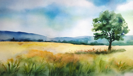 Watercolor meadow with single leafy tree, golden grass field, bright blue sky, loose brushwork, fresh summer ambiance. Nature, countryside, decor, wellness, sunny landscape, ruralの素材
