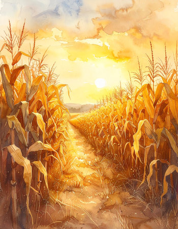 Watercolor autumn landscape with golden cornfield at sunset. Tall yellow stalks line country road leading toward distant hills, warm sunlight, peaceful rural scene with seasonal beauty.の素材