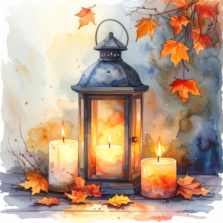 Lantern and glowing candles rest among orange autumn leaves. Watercolor vibrant fall colors, cozy feelings and warmth in a calm seasonal setting.の素材
