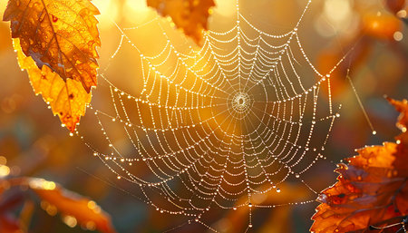 Spiderweb autumn morning, sparkling dew drops on web, warm golden leaves. Sunlight illuminates delicate threads, soft bokeh creates peaceful seasonal nature background.の素材