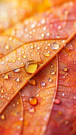 Autumn yellow maple leaf, water drops. Dew on detailed veins, close-up view, soft bokeh background, warm seasonal colors. Fresh fall nature, bright foliage, glistening natural patternの素材