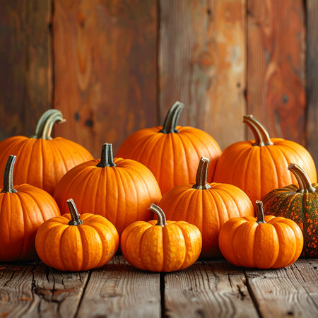 Pumpkins autumn harvest, group of orange vegetables on rustic wood. Bright seasonal display, fresh round shapes and natural stems evoke warmth, tradition, and holiday feeling.の素材