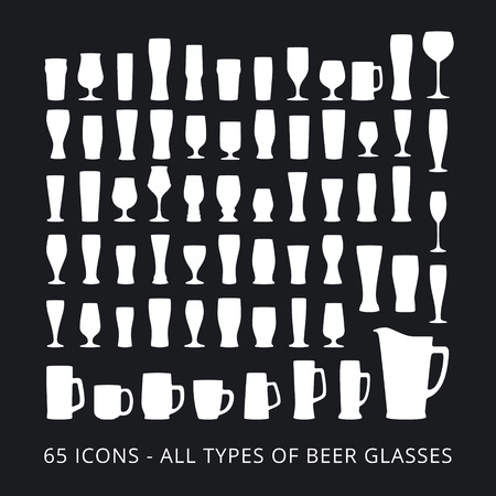 65 beer glass icons set. All types of beer glasses.のイラスト素材
